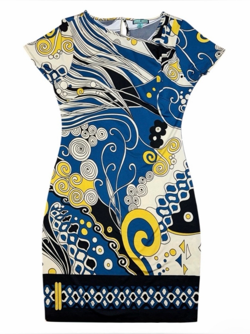 Louie Lucie Graphic Blue & Yellow Abstract Cap Sleeve Dress